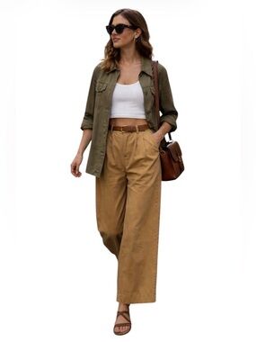 Anthropologie Back Buckle Viscose Cotton Pants Trousers Camel Tan Sz 6 Tall